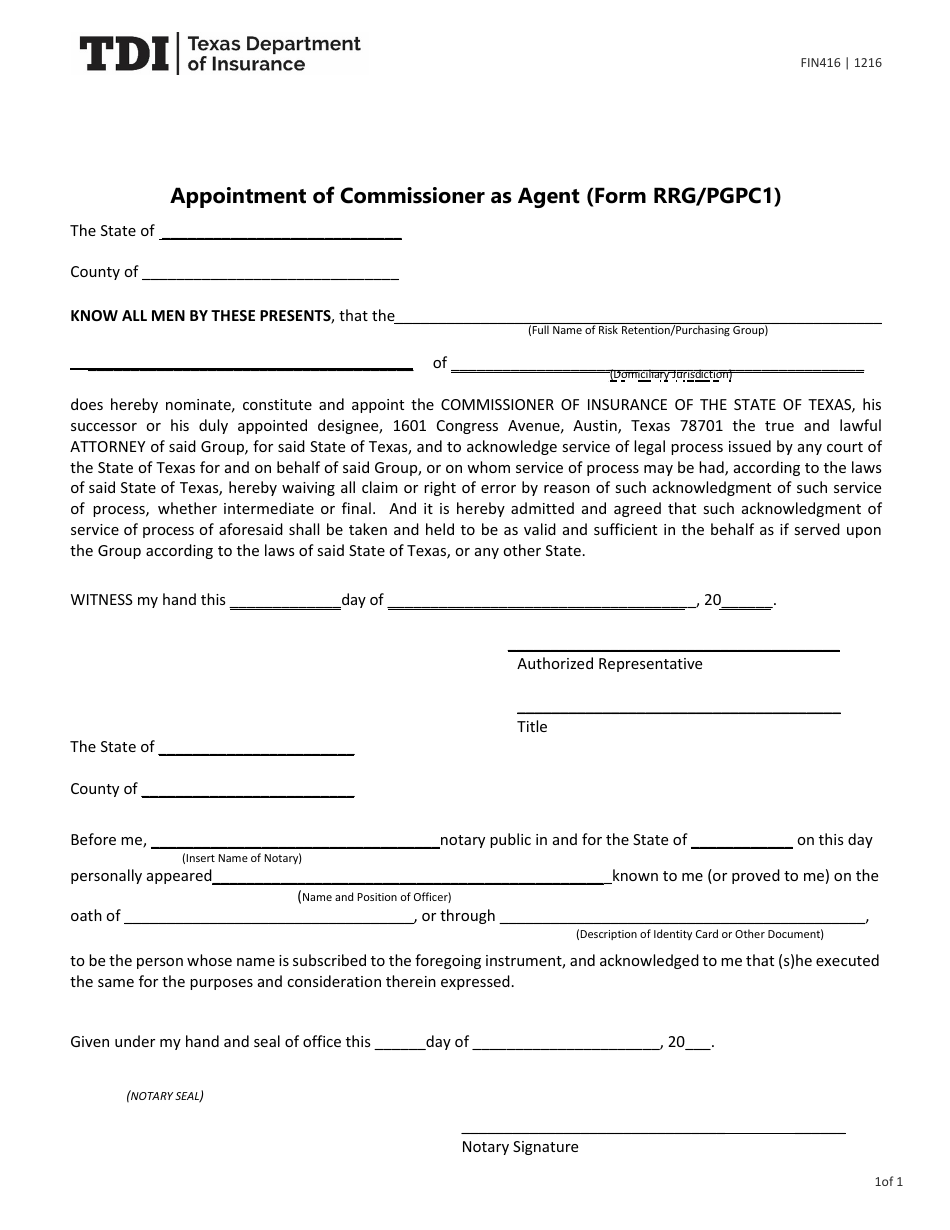 Form FIN416 (RRG / PGPC1) Appointment of Commissioner as Agent - Texas, Page 1