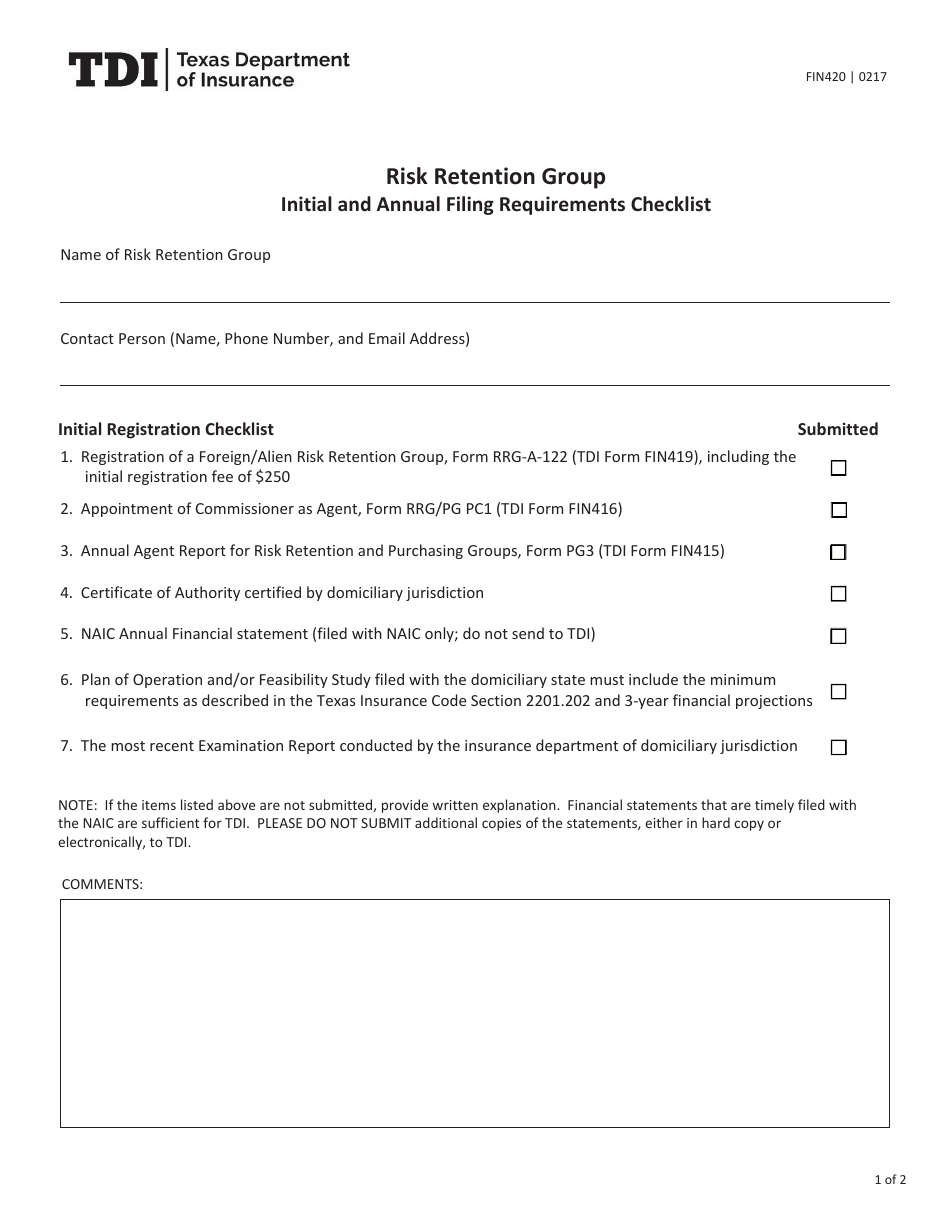 Form FIN420 Risk Retention Group Initial and Annual Filing Requirements Checklist - Texas, Page 1