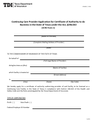 Document preview: Form FIN382 (CCRC Form 1) Continuing Care Provider Application for Certificate of Authority to Do Business in the State of Texas Under the Act, 246.022 - Texas