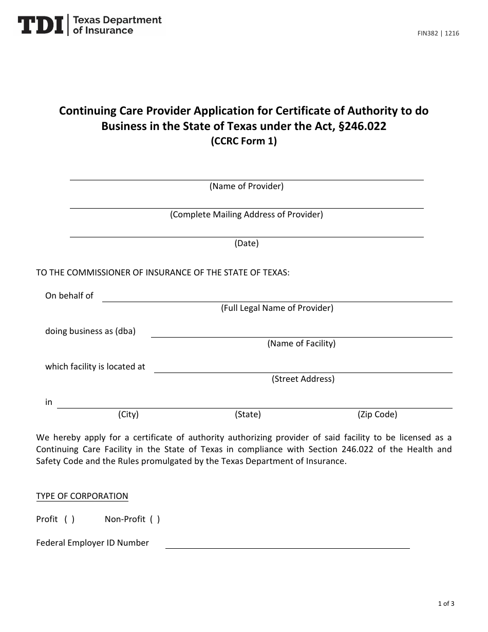 Form FIN382 (CCRC Form 1) Continuing Care Provider Application for Certificate of Authority to Do Business in the State of Texas Under the Act, 246.022 - Texas, Page 1