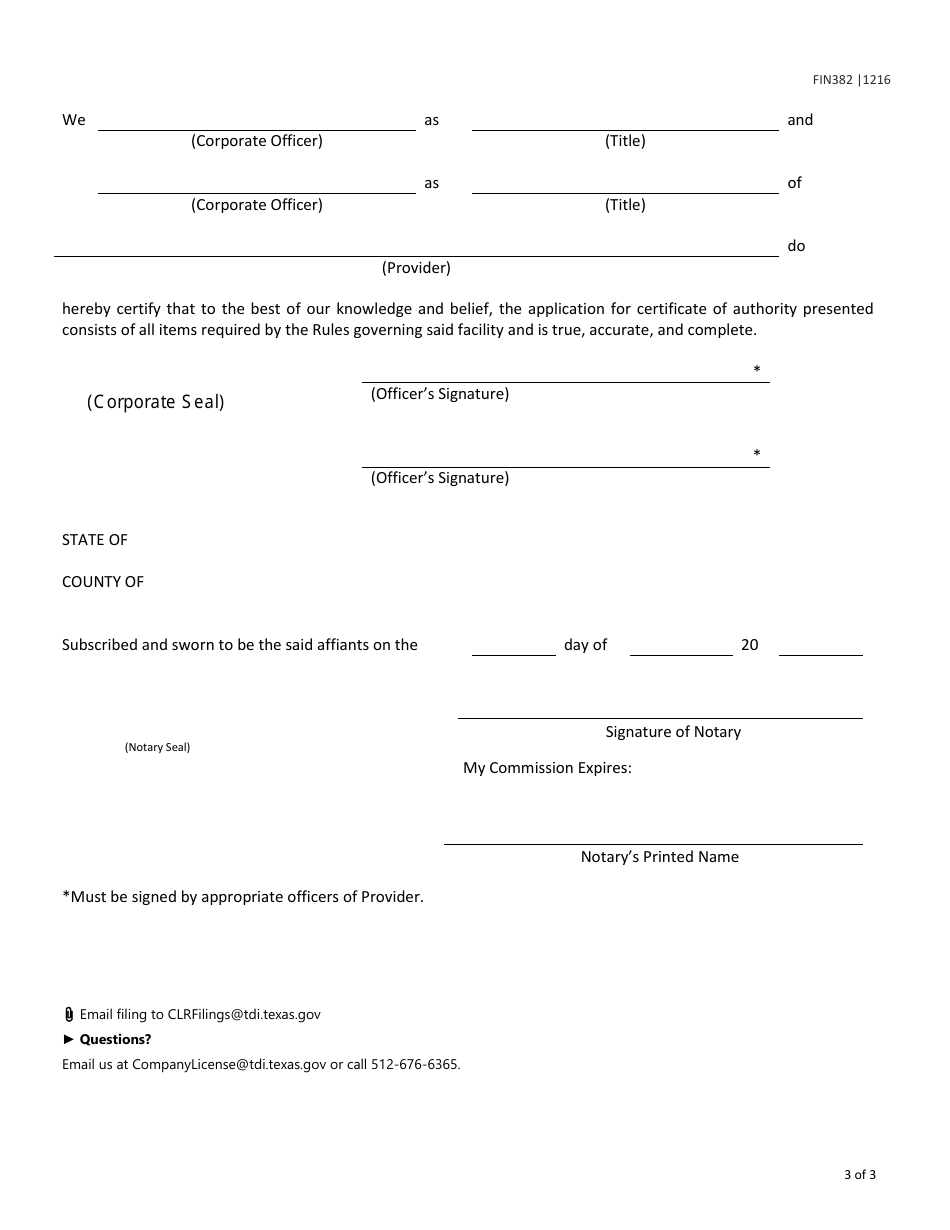 Form FIN382 (CCRC Form 1) Continuing Care Provider Application for Certificate of Authority to Do Business in the State of Texas Under the Act, 246.022 - Texas, Page 3