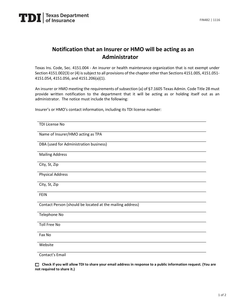 Form FIN482 Notification That an Insurer or HMO Will Be Acting as an Administrator - Texas, Page 1