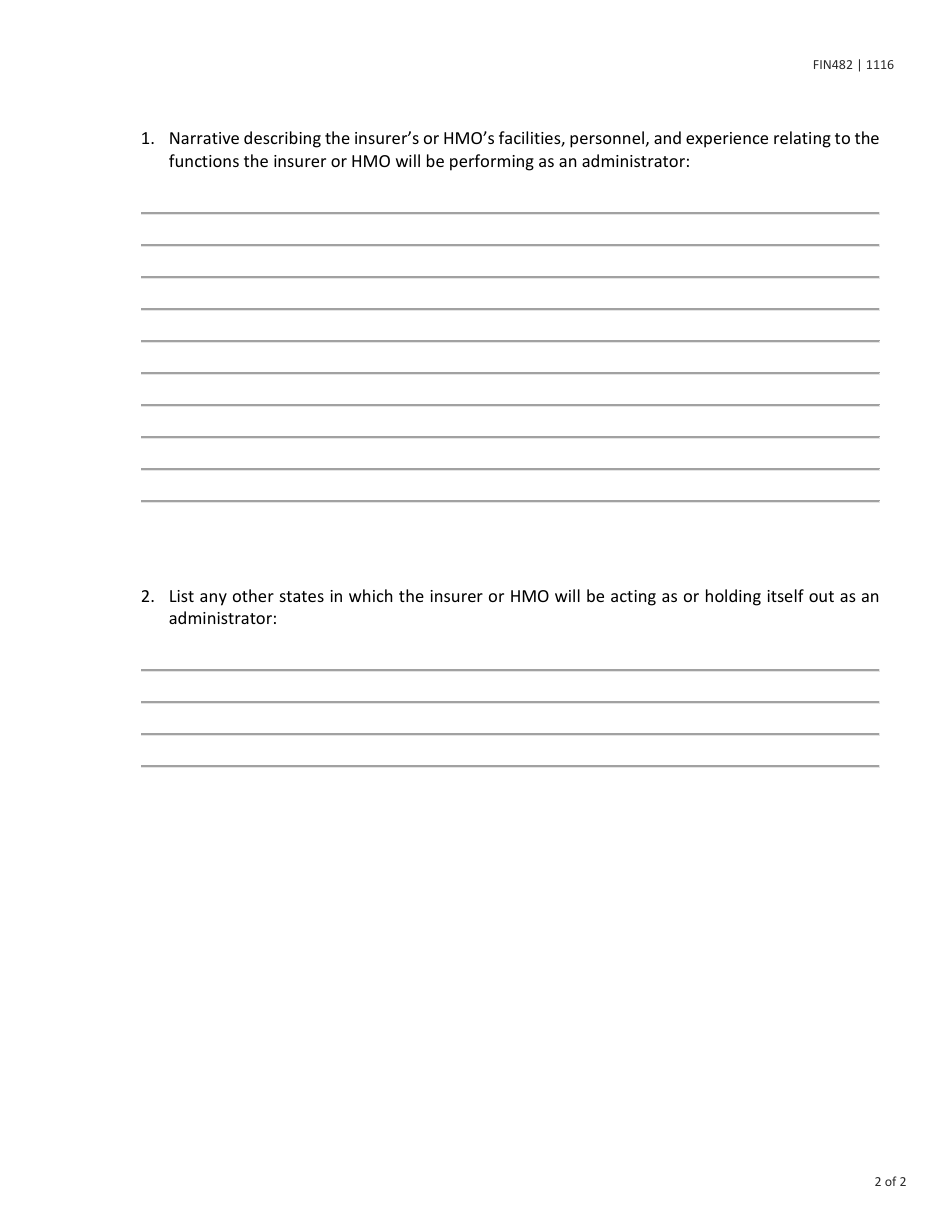 Form FIN482 Notification That an Insurer or HMO Will Be Acting as an Administrator - Texas, Page 2