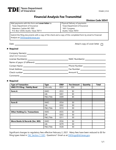 Form FIN483 Financial Analysis Fee Transmittal - Texas