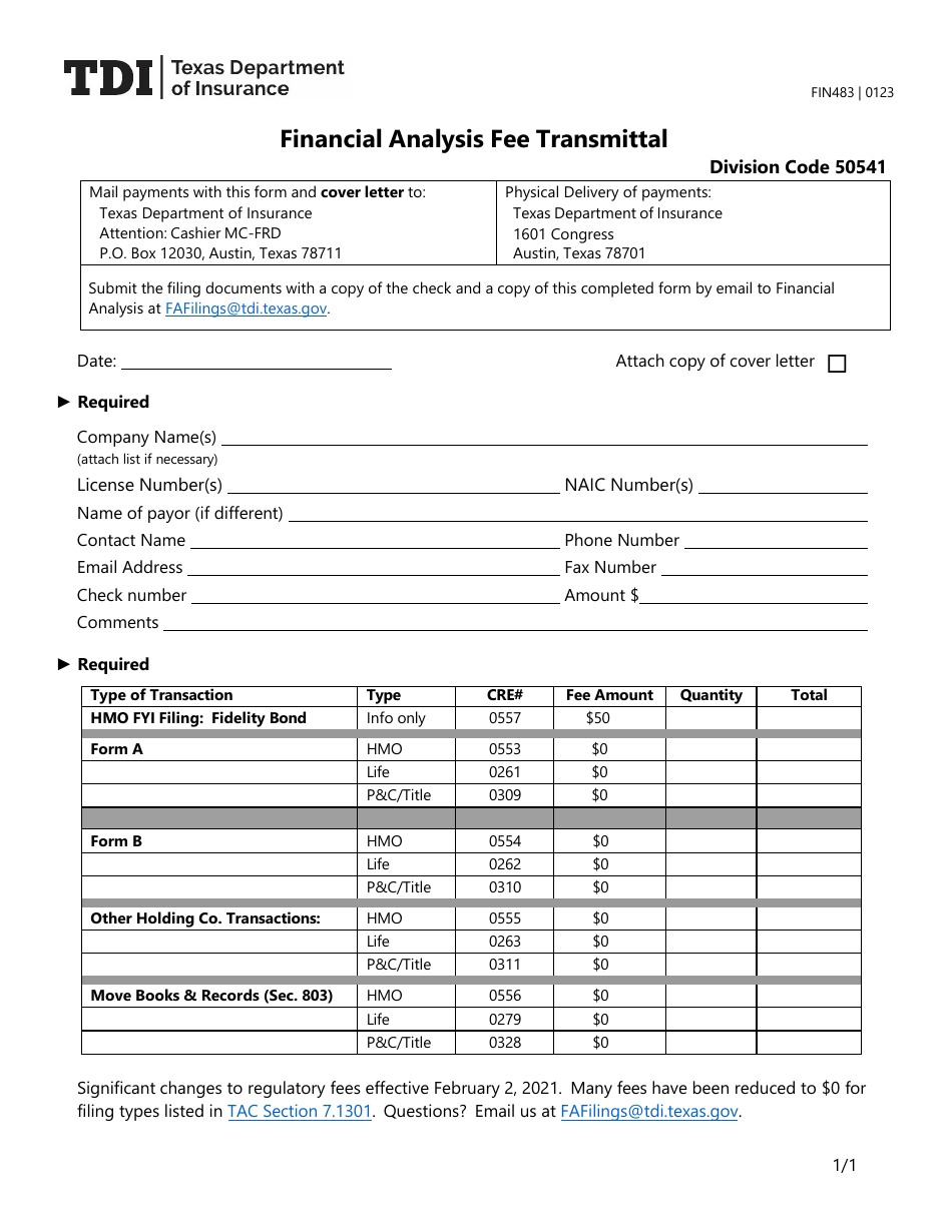 Form FIN483 Financial Analysis Fee Transmittal - Texas, Page 1
