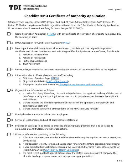 Form FIN357 Checklist HMO Certificate of Authority Application - Texas