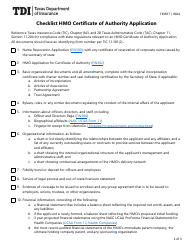 Form FIN357 Checklist HMO Certificate of Authority Application - Texas