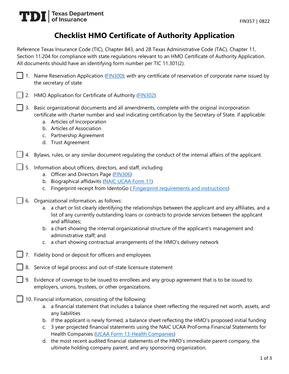Form FIN357 Checklist HMO Certificate of Authority Application - Texas, Page 1