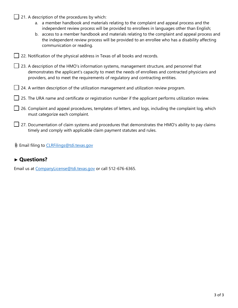 Form FIN357 Checklist HMO Certificate of Authority Application - Texas, Page 3