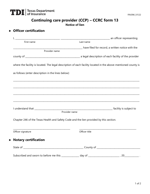 Form FIN396 (CCRC Form 13)  Printable Pdf