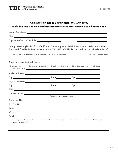Form FIN489 Application for a Certificate of Authority - Texas