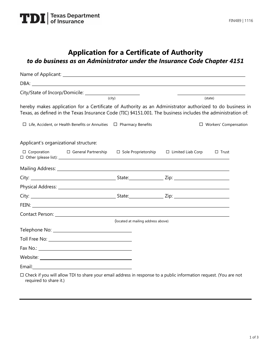 Form FIN489 Application for a Certificate of Authority - Texas, Page 1