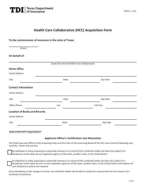 Form FIN491 Health Care Collaborative (Hcc) Acquisition Form - Texas