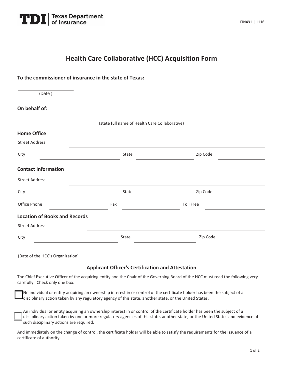 Form FIN491 Health Care Collaborative (Hcc) Acquisition Form - Texas, Page 1