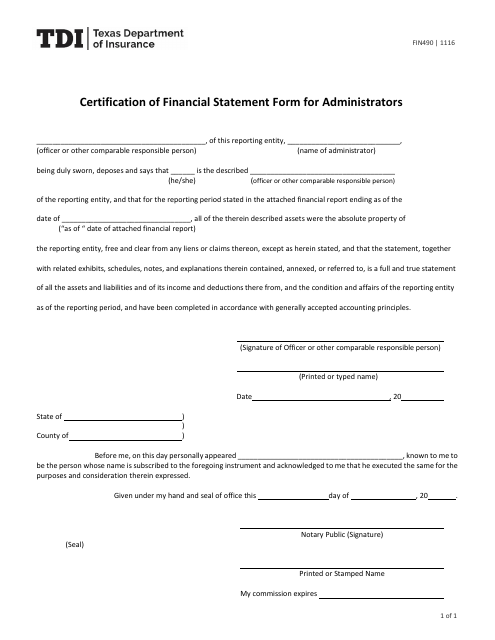 Form FIN490 Certification of Financial Statement Form for Administrators - Texas