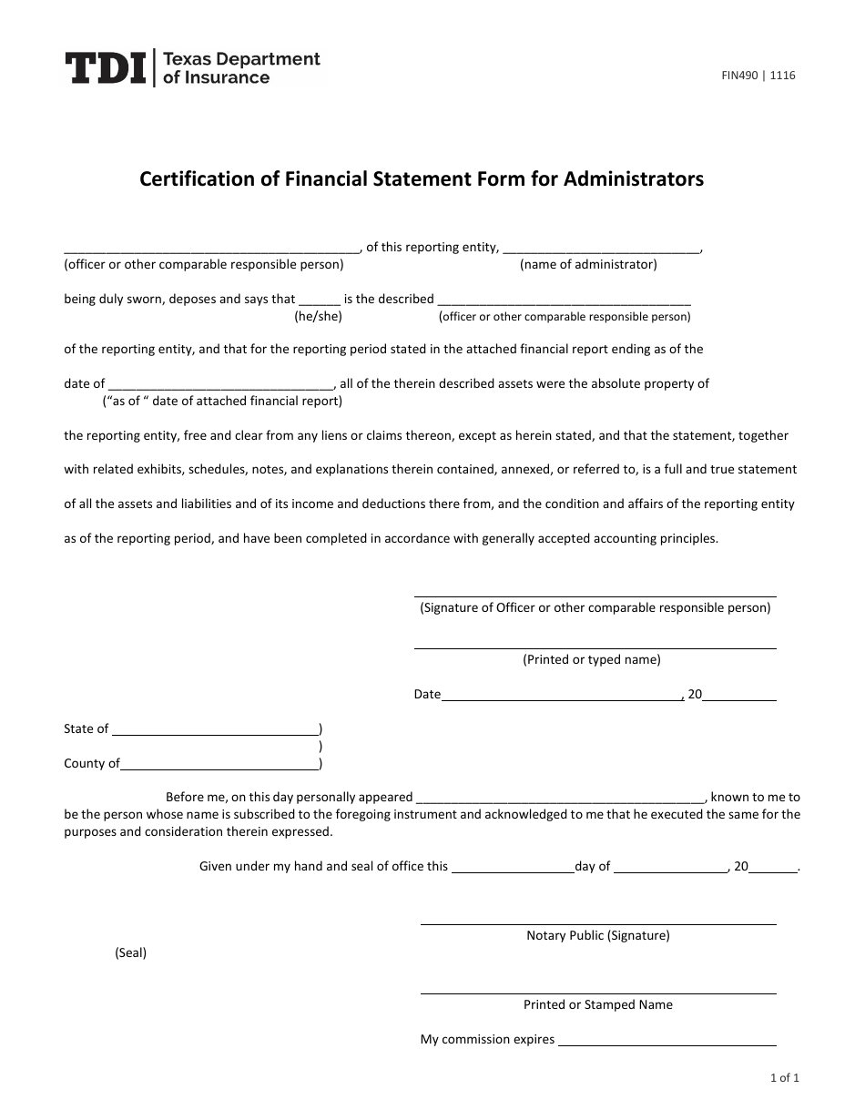 Form FIN490 Certification of Financial Statement Form for Administrators - Texas, Page 1