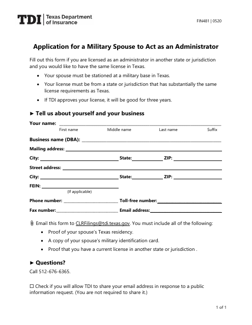 Form FIN481 Application for a Military Spouse to Act as an Administrator - Texas