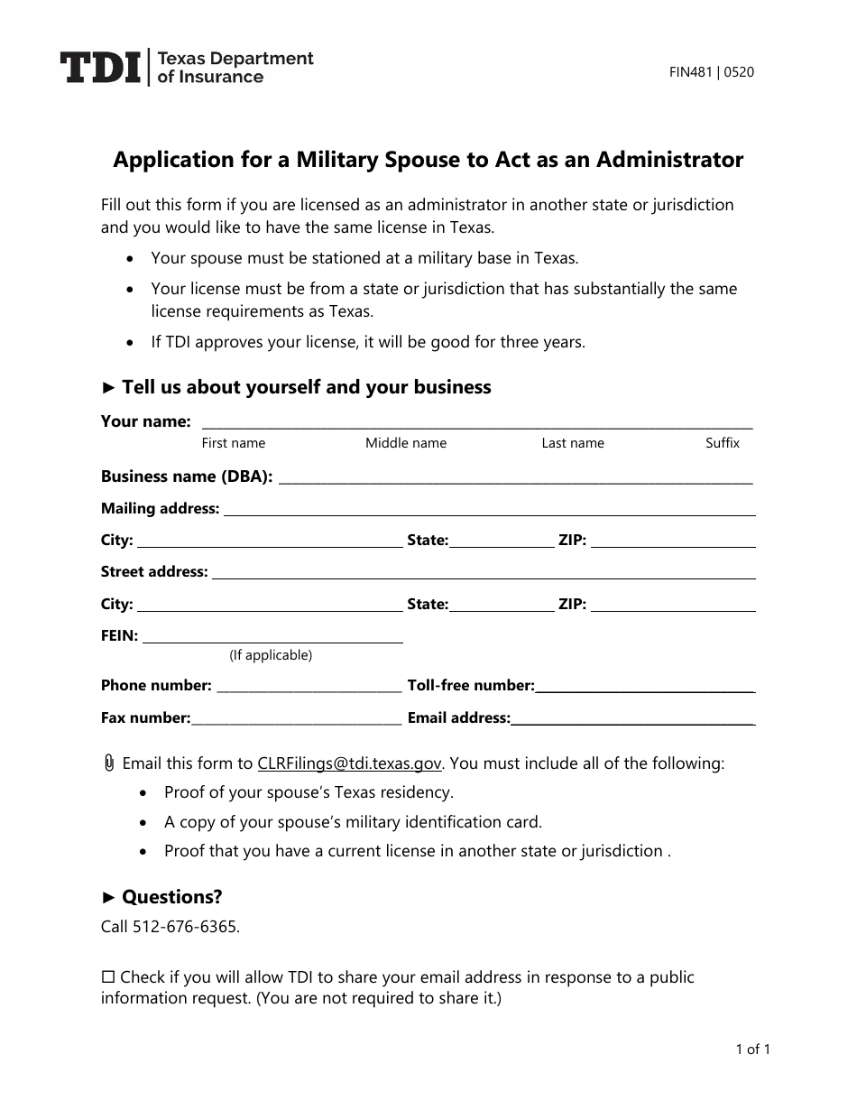 Form FIN481 Application for a Military Spouse to Act as an Administrator - Texas, Page 1