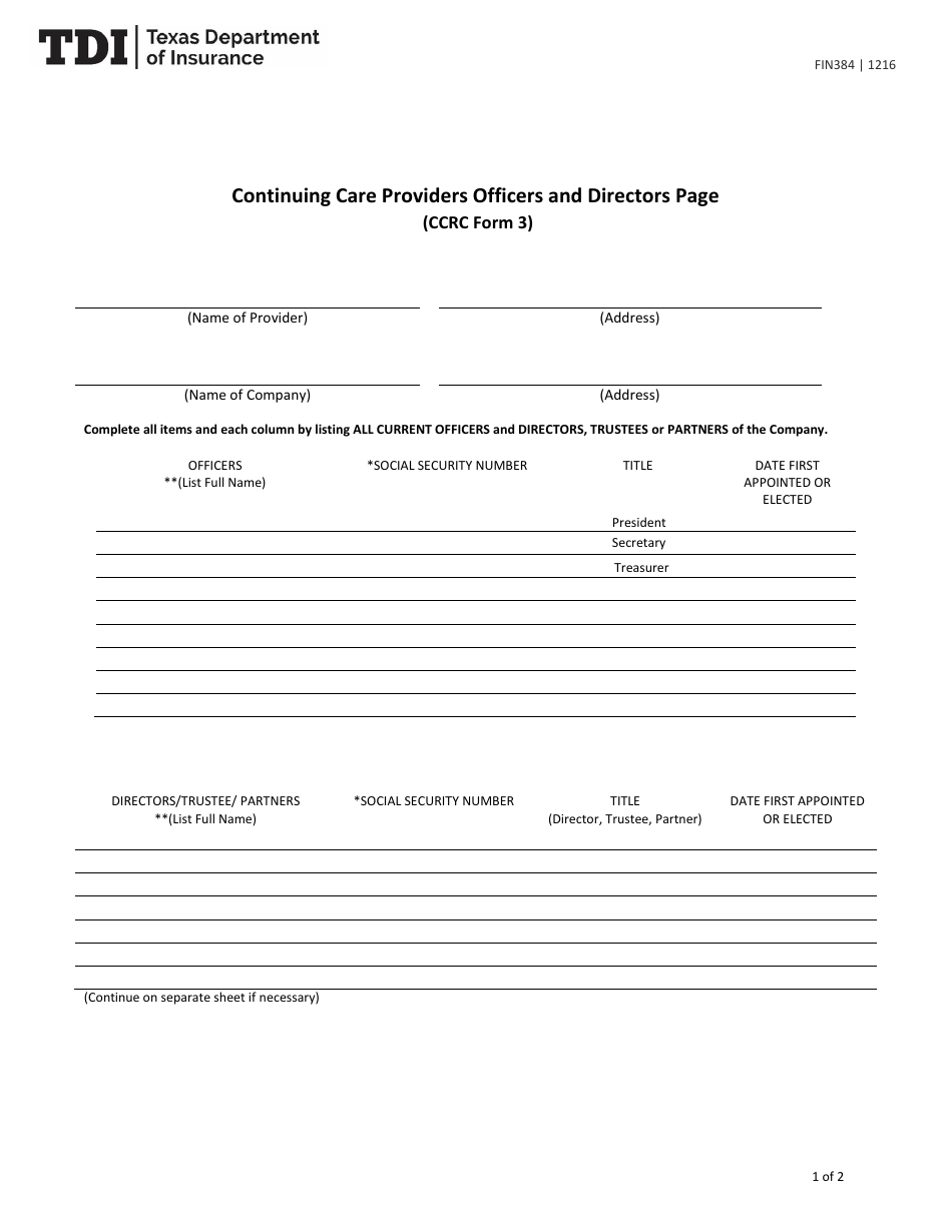 Form FIN384 (CCRC Form 3) Continuing Care Providers Officers and Directors Page - Texas, Page 1