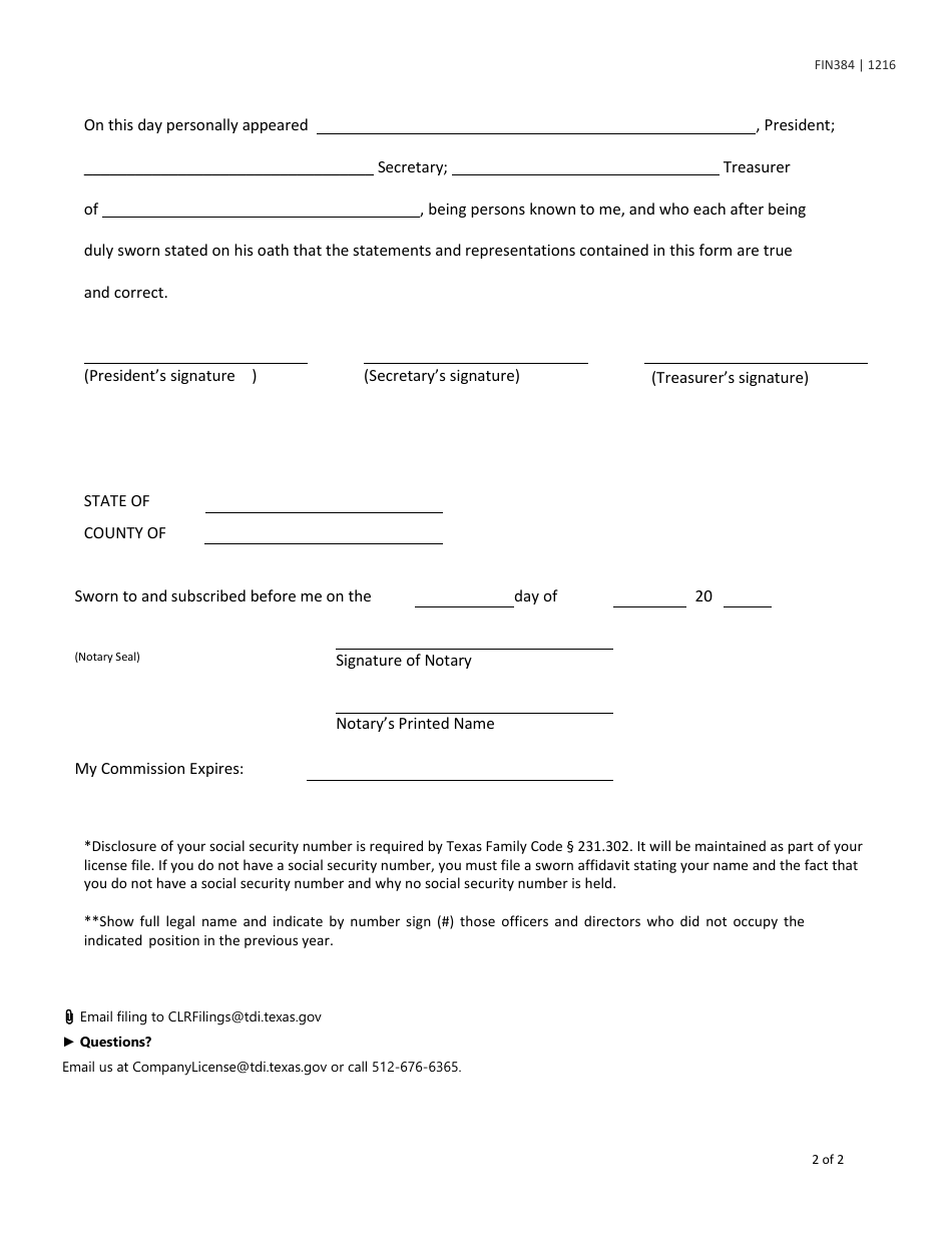 Form FIN384 (CCRC Form 3) Continuing Care Providers Officers and Directors Page - Texas, Page 2