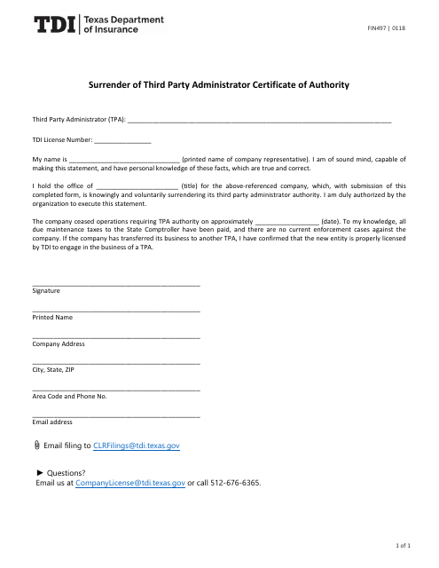 Form FIN497 Surrender of Third Party Administrator Certificate of Authority - Texas
