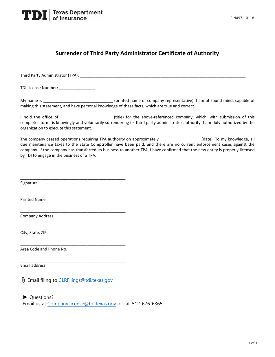 Form FIN497 Surrender of Third Party Administrator Certificate of Authority - Texas, Page 1