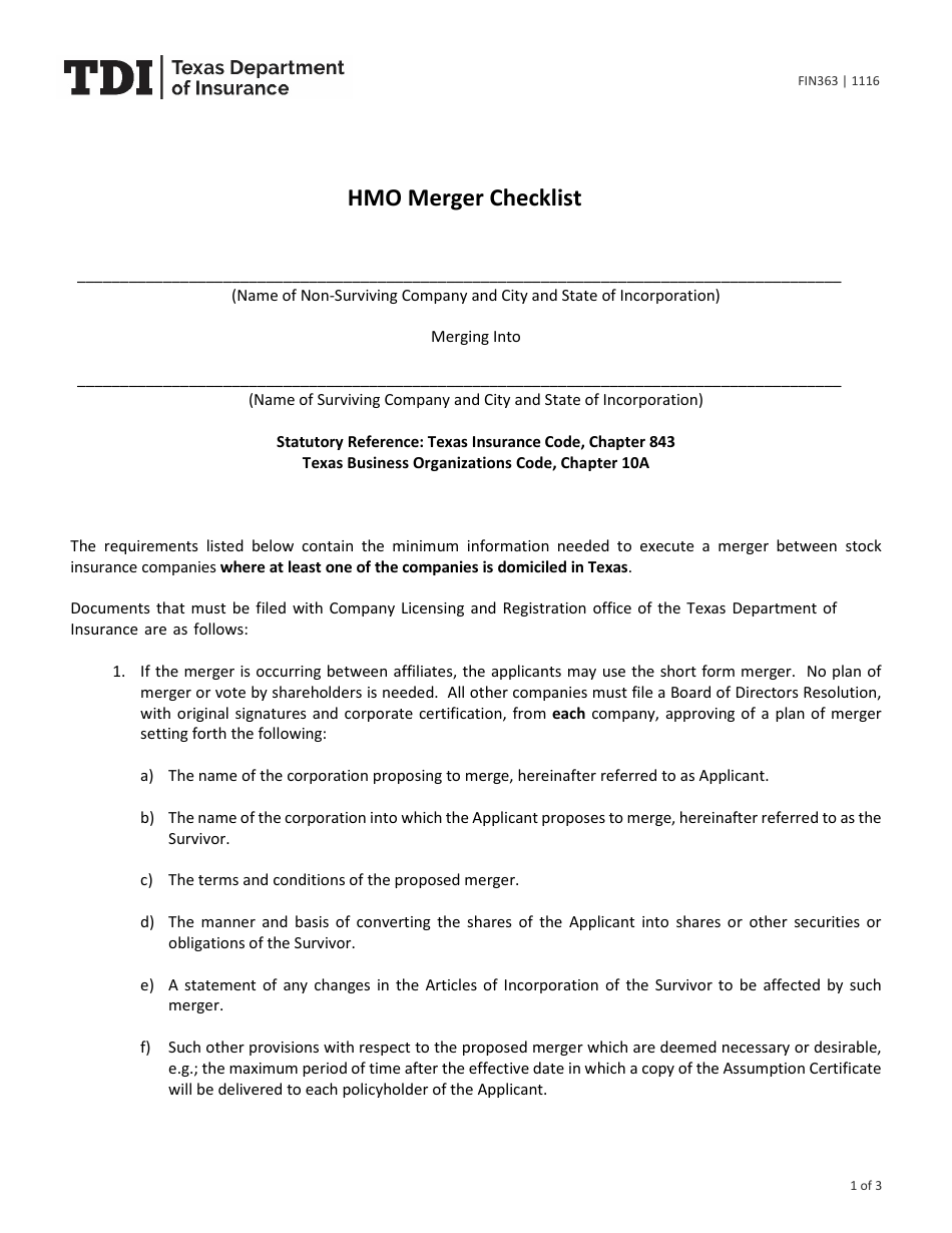 Form FIN363 HMO Merger Checklist - Texas, Page 1