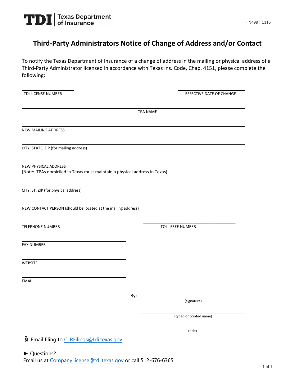 Form FIN498 Third-Party Administrators Notice of Change of Address and / or Contact - Texas, Page 1