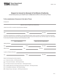 Document preview: Form FIN495 Request to Convert to Renewal of Certificate of Authority - Texas