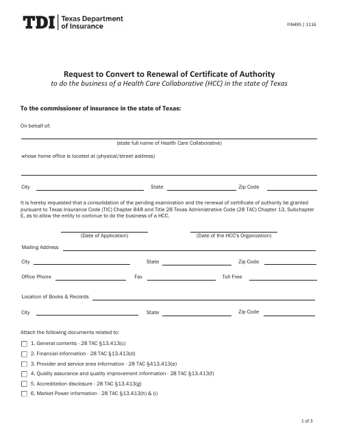 Form FIN495 Request to Convert to Renewal of Certificate of Authority - Texas