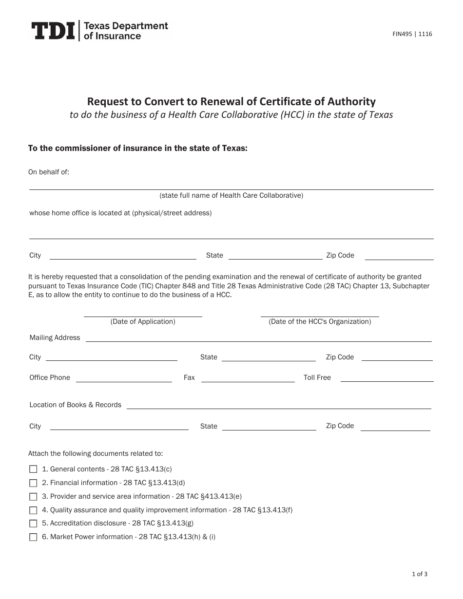 Form FIN495 Request to Convert to Renewal of Certificate of Authority - Texas, Page 1
