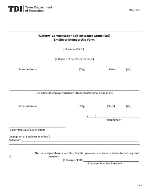 Form FIN467 Workers' Compensation Self-insurance Group (Sig) Employer Membership Form - Texas