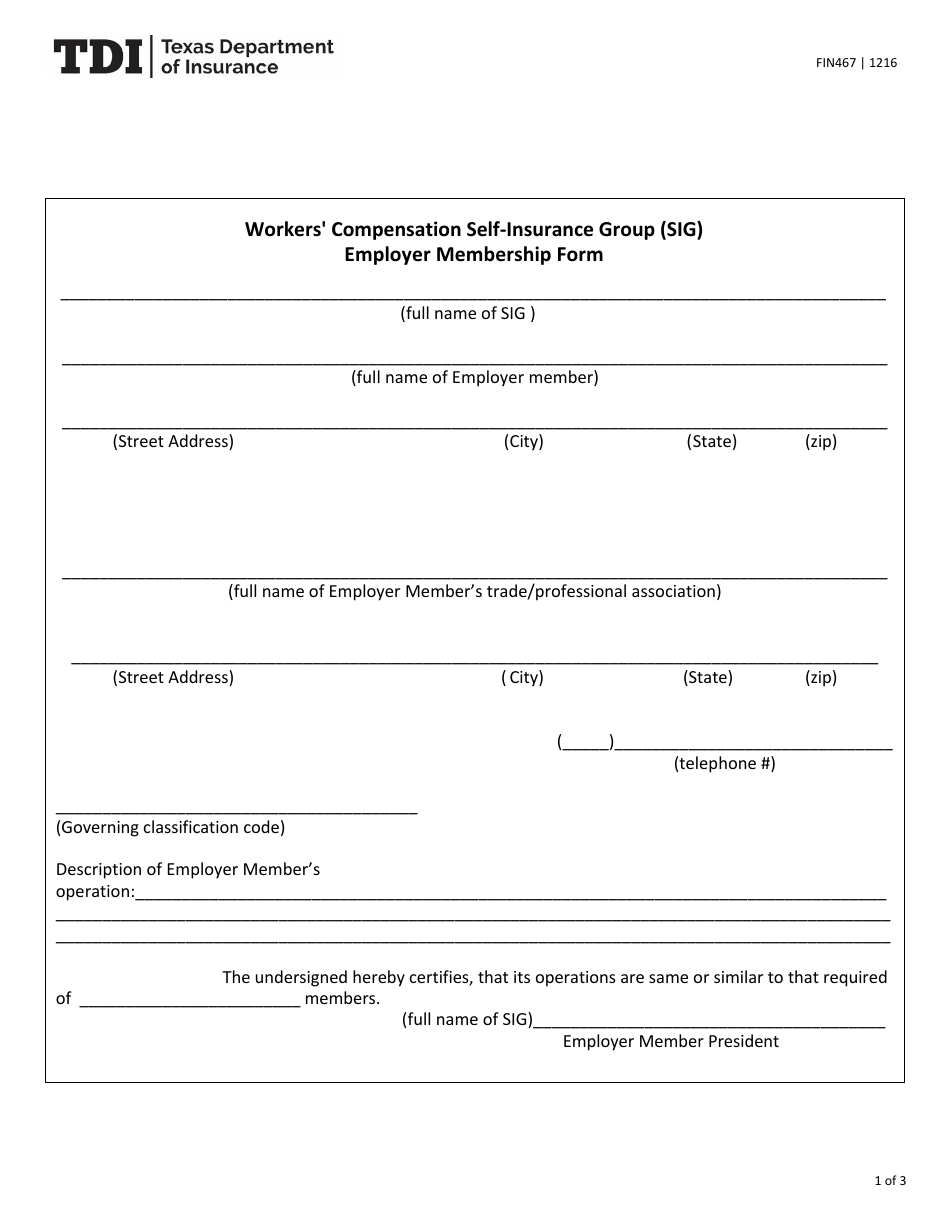 Form FIN467 Workers Compensation Self-insurance Group (Sig) Employer Membership Form - Texas, Page 1