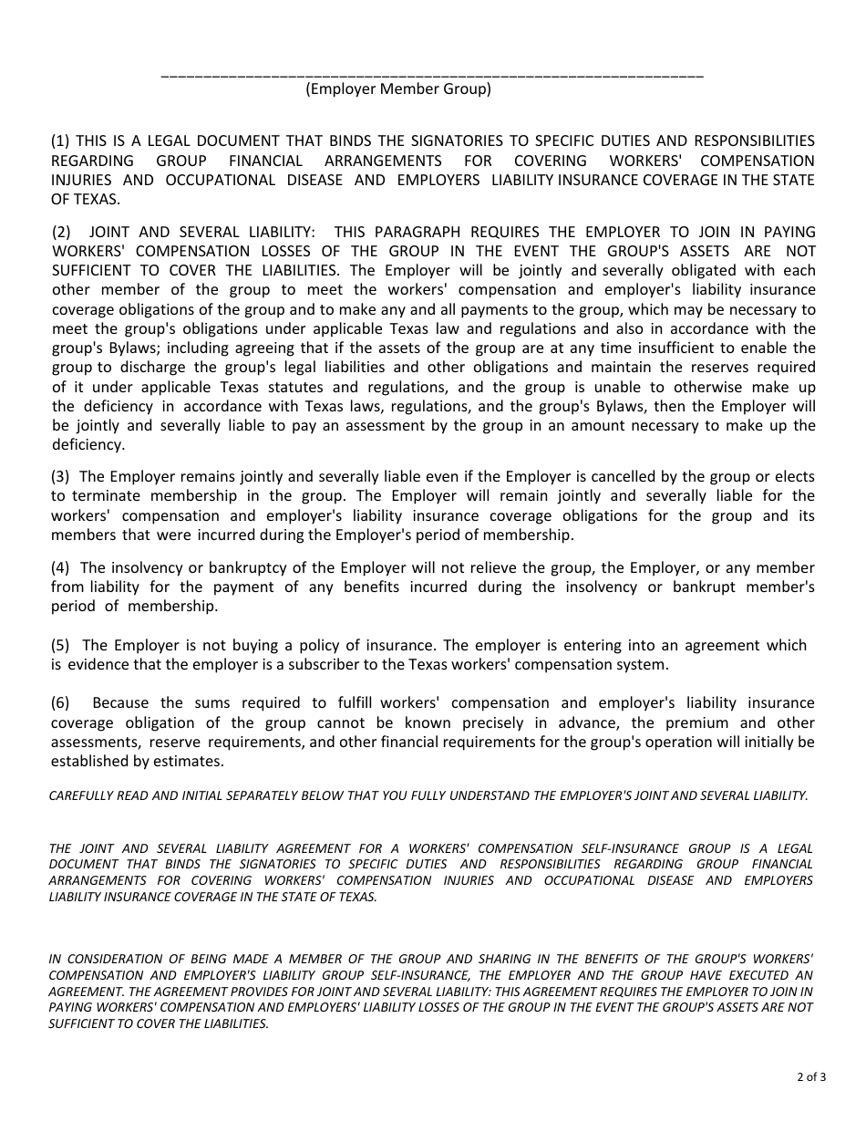 Form FIN467 Workers Compensation Self-insurance Group (Sig) Employer Membership Form - Texas, Page 2