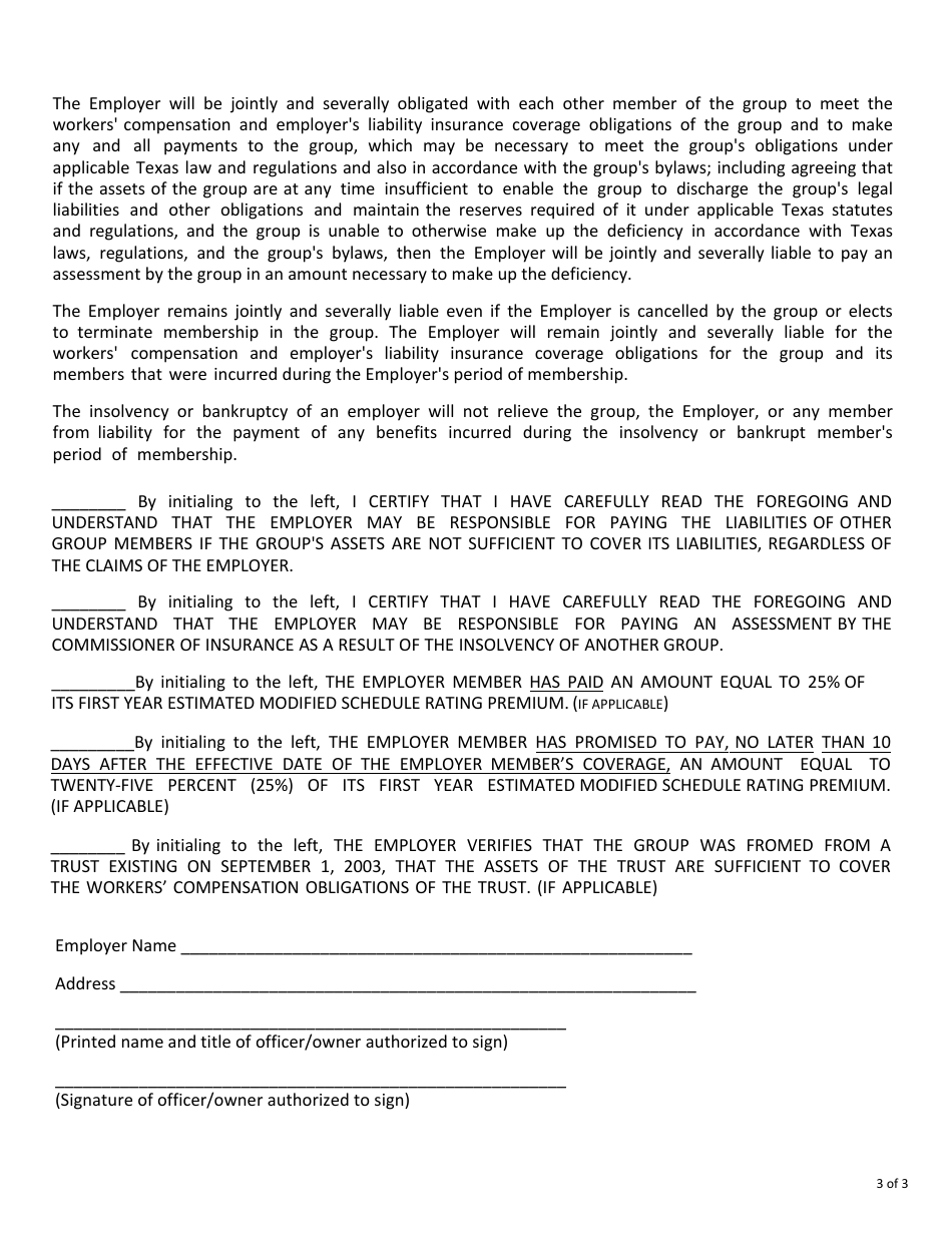 Form FIN467 Workers Compensation Self-insurance Group (Sig) Employer Membership Form - Texas, Page 3