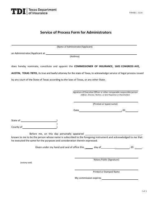 Form FIN485 Service of Process Form for Administrators - Texas
