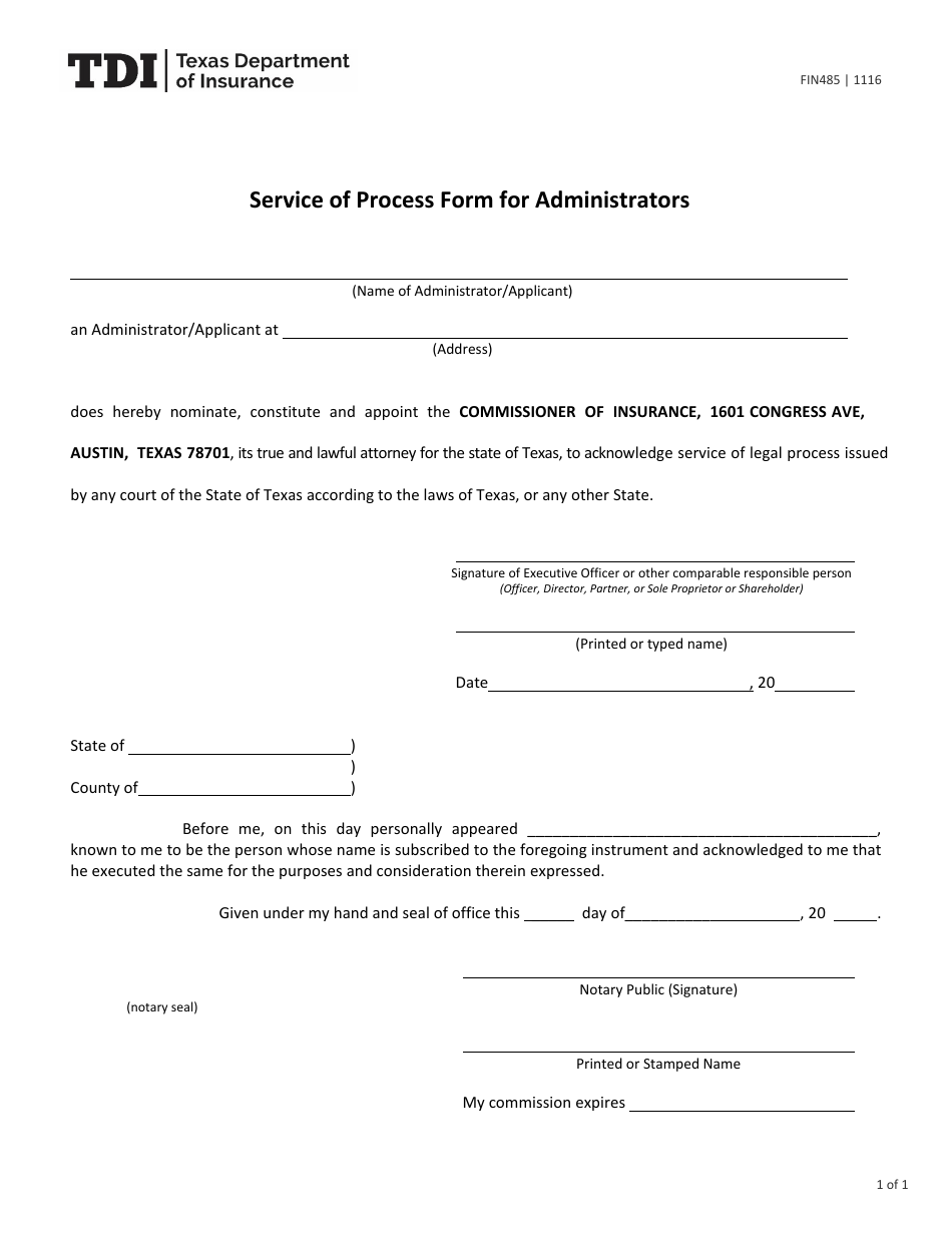 Form FIN485 Service of Process Form for Administrators - Texas, Page 1
