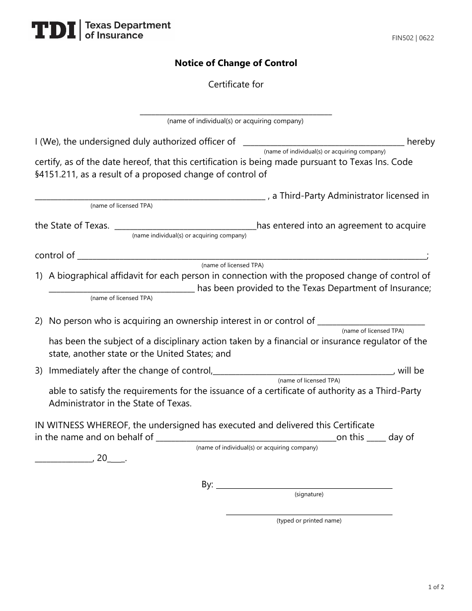 Form FIN502 Notice of Change of Control - Texas, Page 1