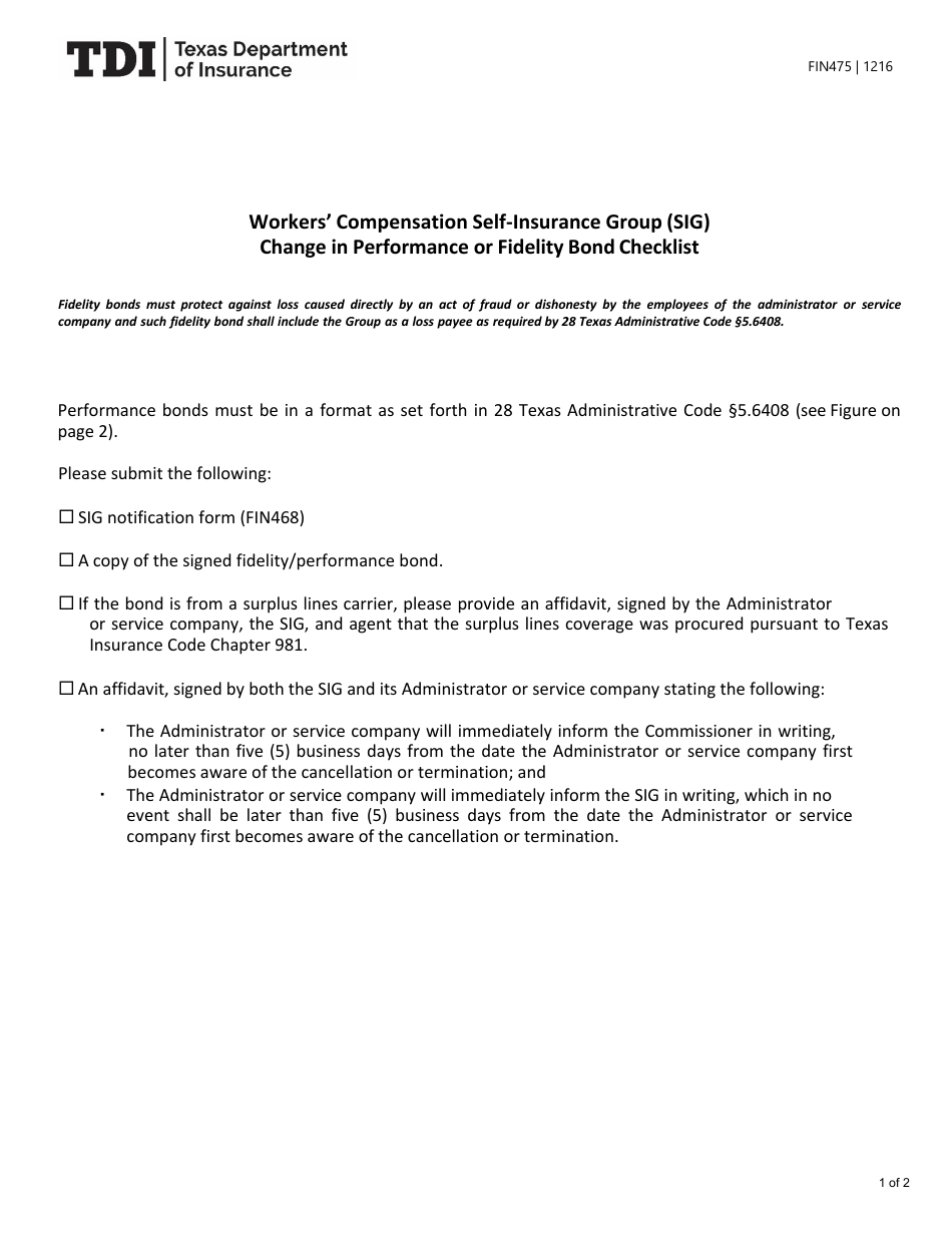 Form FIN475 Workers Compensation Self-insurance Group (Sig) Change in Performance or Fidelity Bond Checklist - Texas, Page 1