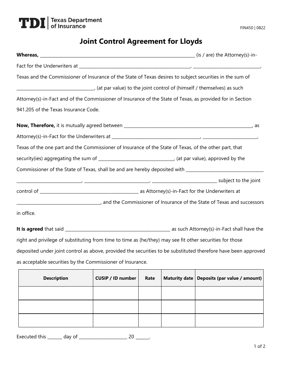 Form FIN450 Download Fillable PDF or Fill Online Joint Control