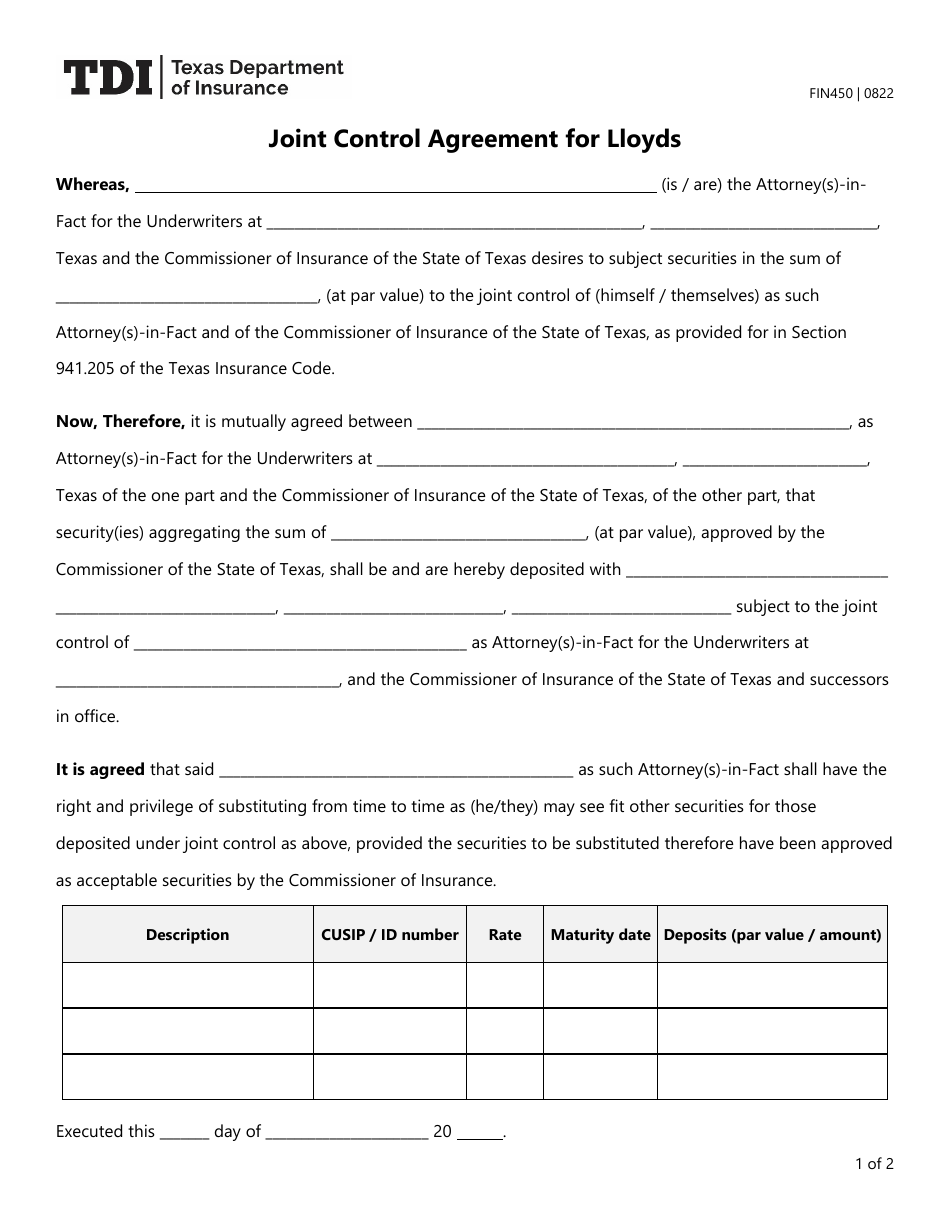 Form FIN450 Joint Control Agreement for Lloyds - Texas, Page 1