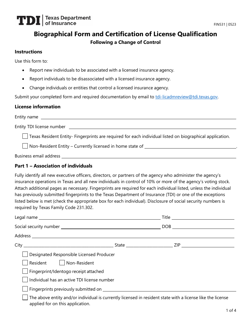 Form FIN531 Biographical Form and Certification of License Qualification - Texas, Page 1