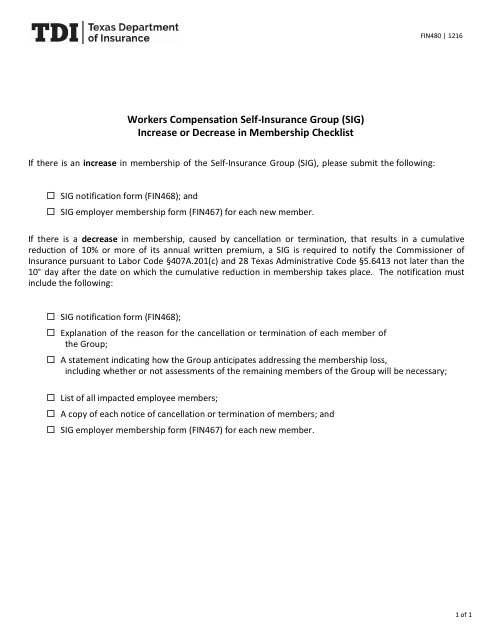 Form FIN480 Workers Compensation Self-insurance Group (Sig) Increase or Decrease in Membership Checklist - Texas