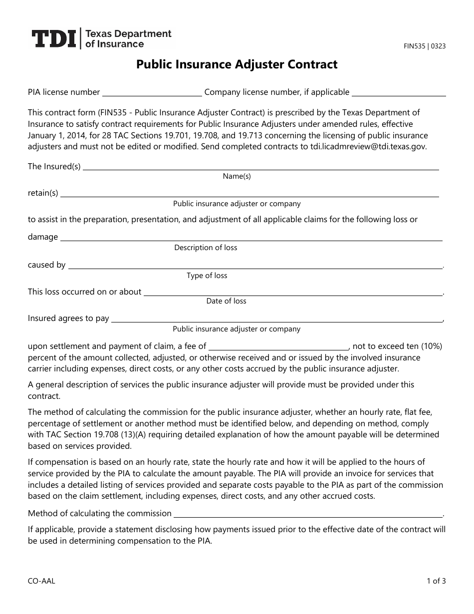 Form FIN535 Public Insurance Adjuster Contract - Texas, Page 1