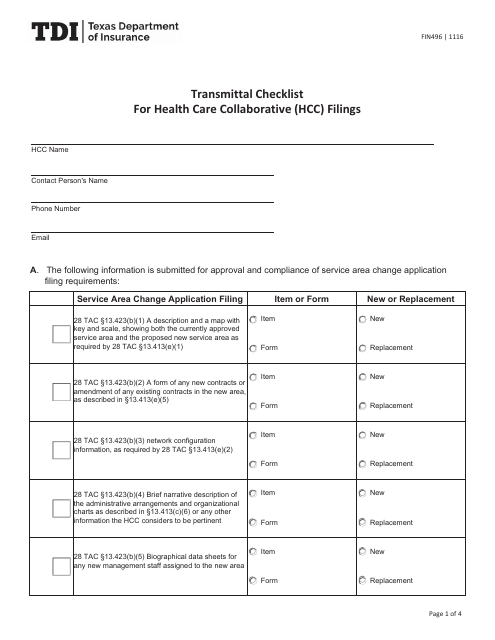 Form FIN496 Transmittal Checklist for Health Care Collaborative (Hcc) Filings - Texas
