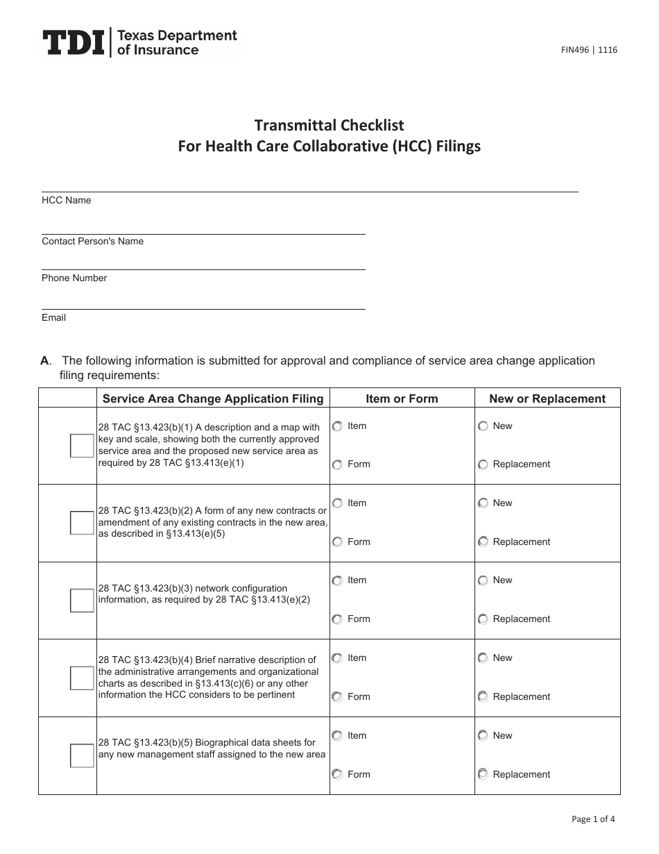 Form FIN496 Transmittal Checklist for Health Care Collaborative (Hcc) Filings - Texas, Page 1