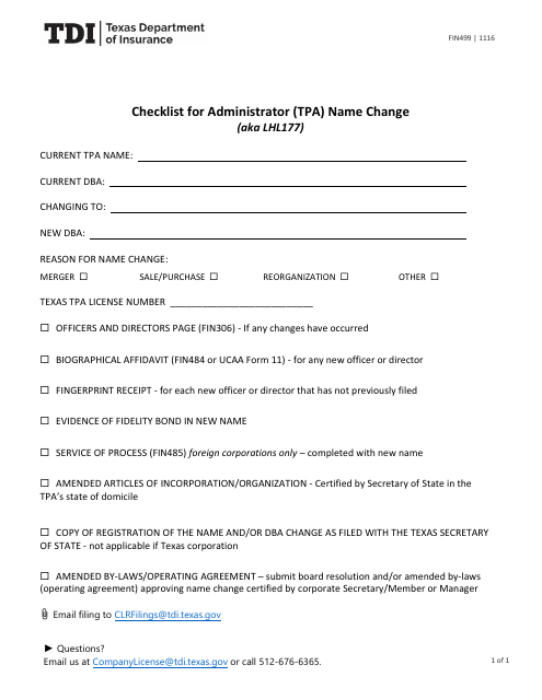 Form FIN499 (LHL177) Hecklist for Administrator (Tpa) Name Change - Texas