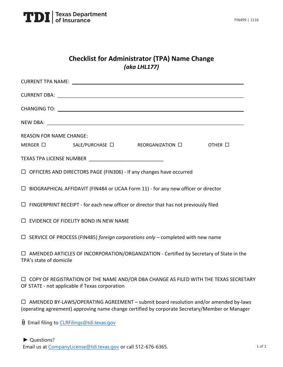 Form FIN499 (LHL177) Hecklist for Administrator (Tpa) Name Change - Texas, Page 1