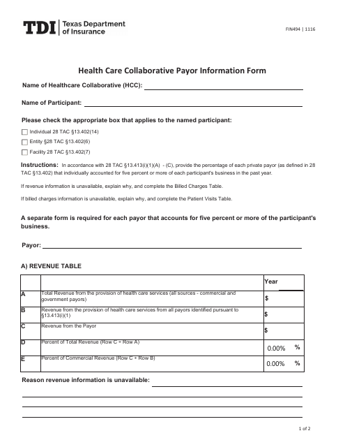 Form FIN494 Health Care Collaborative Payor Information Form - Texas