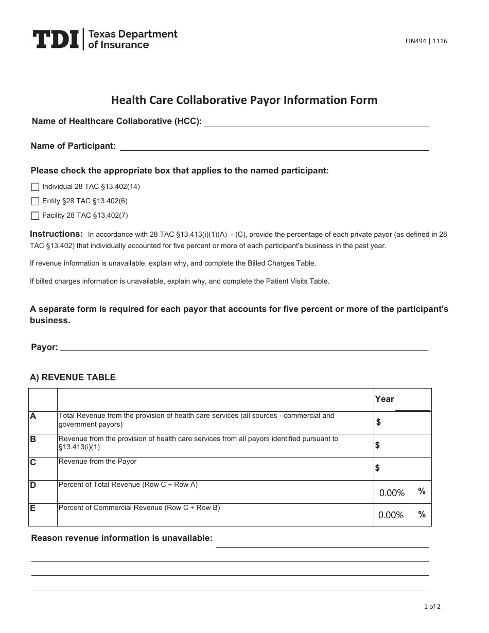Form FIN494 Health Care Collaborative Payor Information Form - Texas, Page 1